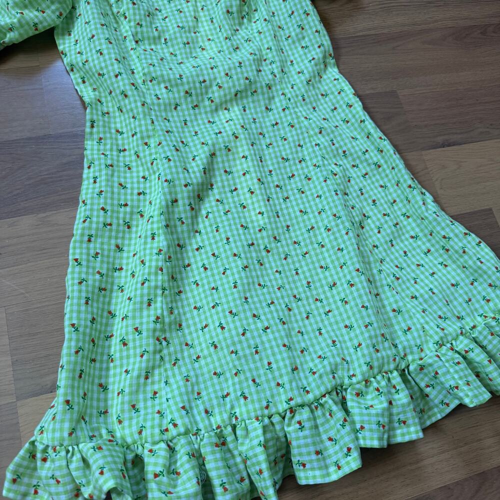 Women's Vintage 1970's Handmade Green Roses Floral Ruffle Puff Sleeve Dress Sz M - Picture 3 of 10